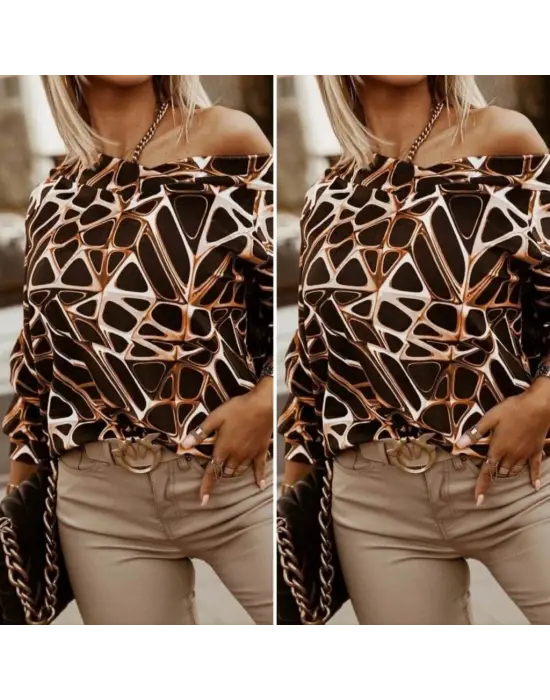 Kadın Uzun Kollu V Yaka Düşük Omuz Geometrik Desen şardonlu Dalgıç Bluz