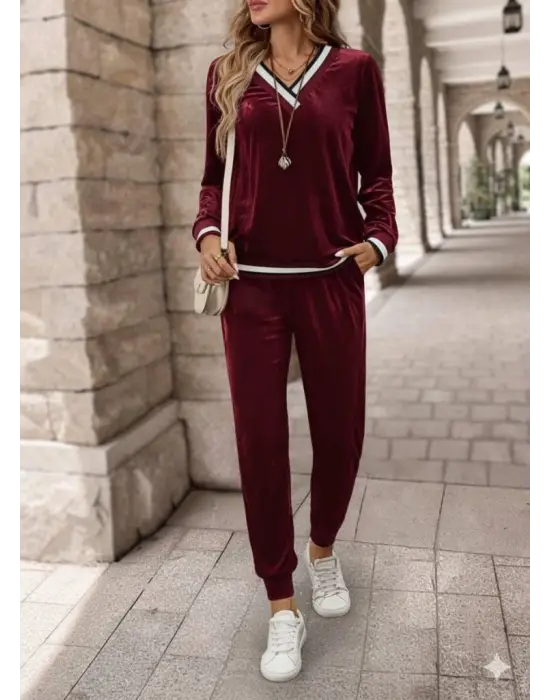 Kadın Uzun Kollu V Yaka Kadife Bluz Ve Pantolon Ikili Takım