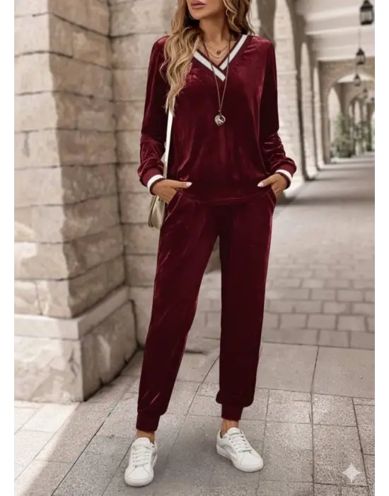 Kadın Uzun Kollu V Yaka Kadife Bluz Ve Pantolon Ikili Takım