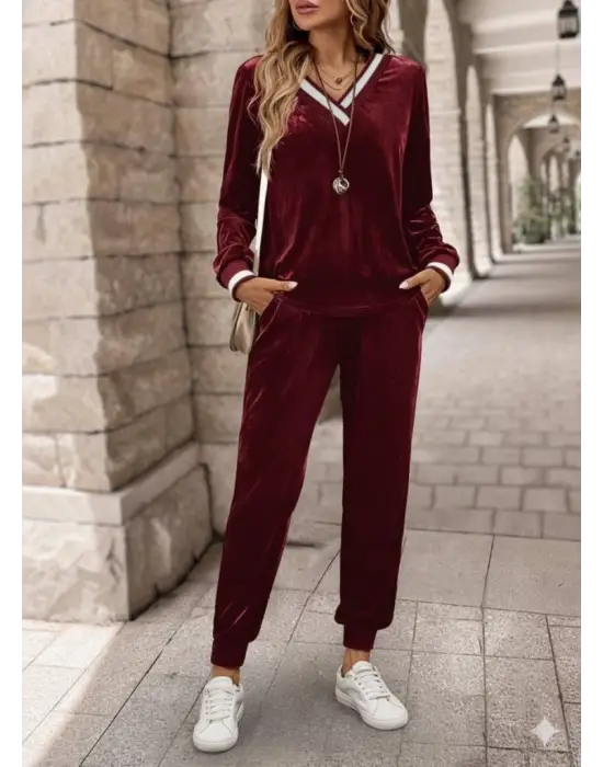 Kadın Uzun Kollu V Yaka Kadife Bluz Ve Pantolon Ikili Takım