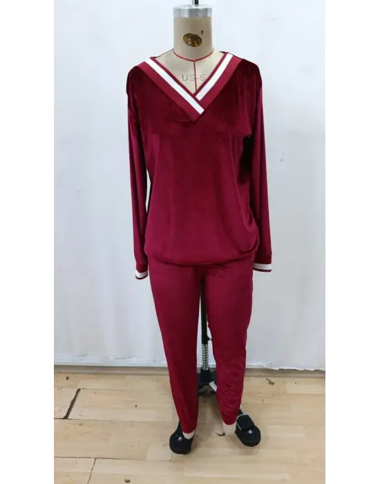Kadın Uzun Kollu V Yaka Kadife Bluz Ve Pantolon Ikili Takım