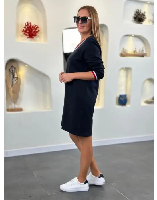 Kadın Uzun Kollu V Yaka Kol Ağzı Ve Yaka Ribana Detaylı Iki Iplik Mini Boy Elbise