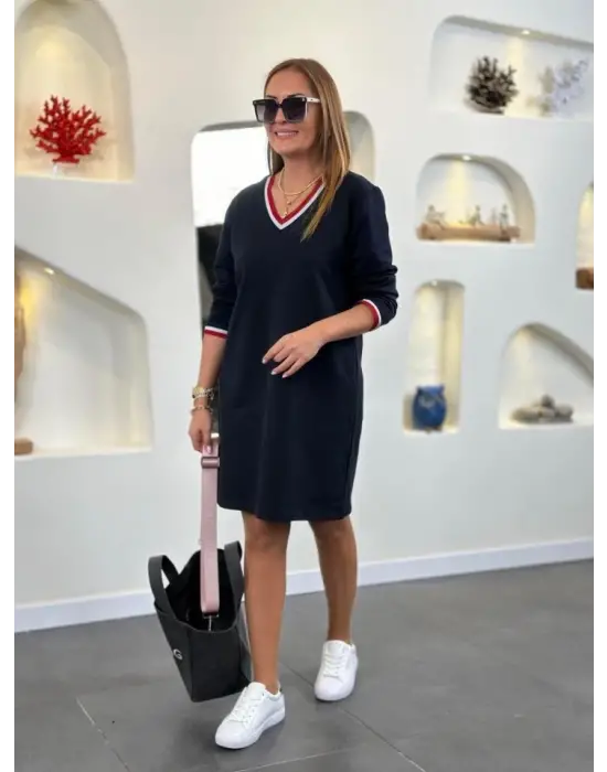 Kadın Uzun Kollu V Yaka Kol Ağzı Ve Yaka Ribana Detaylı Iki Iplik Mini Boy Elbise