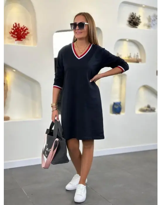 Kadın Uzun Kollu V Yaka Kol Ağzı Ve Yaka Ribana Detaylı Iki Iplik Mini Boy Elbise