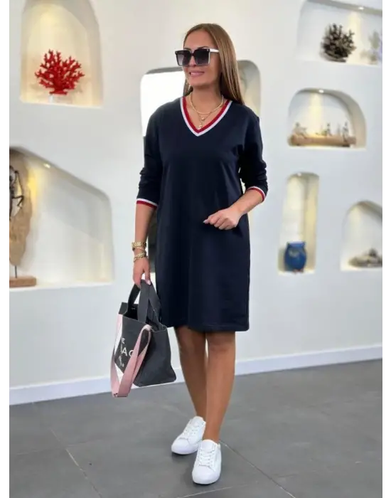 Kadın Uzun Kollu V Yaka Kol Ağzı Ve Yaka Ribana Detaylı Iki Iplik Mini Boy Elbise