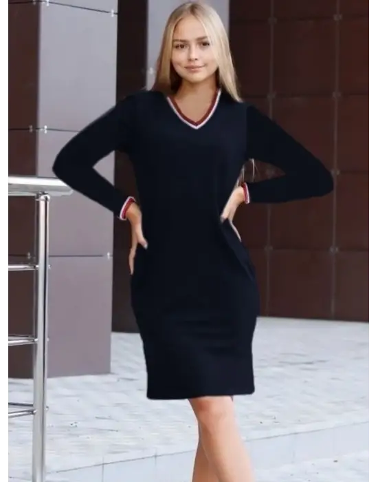 Kadın Uzun Kollu V Yaka Kol Ağzı Ve Yaka Ribana Detaylı Iki Iplik Mini Boy Elbise