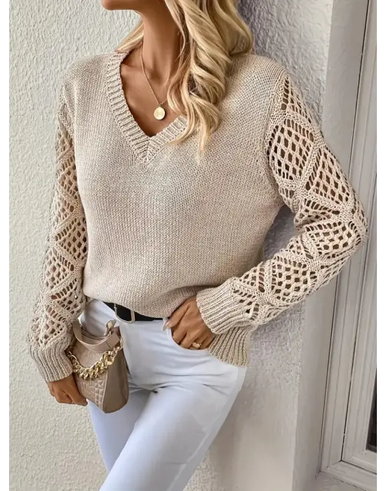 Kadın Uzun Kollu V Yaka Kol Delikli Baklava Desen Detaylı Triko Kazak