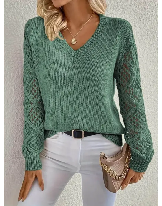 Kadın Uzun Kollu V Yaka Kol Delikli Baklava Desen Detaylı Triko Kazak