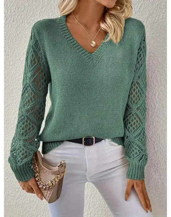 Kadın Uzun Kollu V Yaka Kol Delikli Baklava Desen Detaylı Triko Kazak