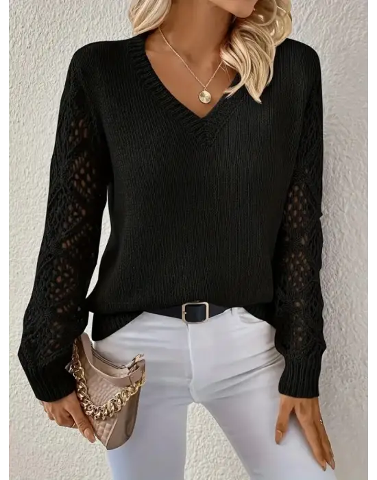 Kadın Uzun Kollu V Yaka Kol Delikli Baklava Desen Detaylı Triko Kazak