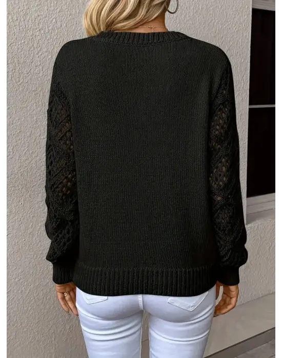 Kadın Uzun Kollu V Yaka Kol Delikli Baklava Desen Detaylı Triko Kazak