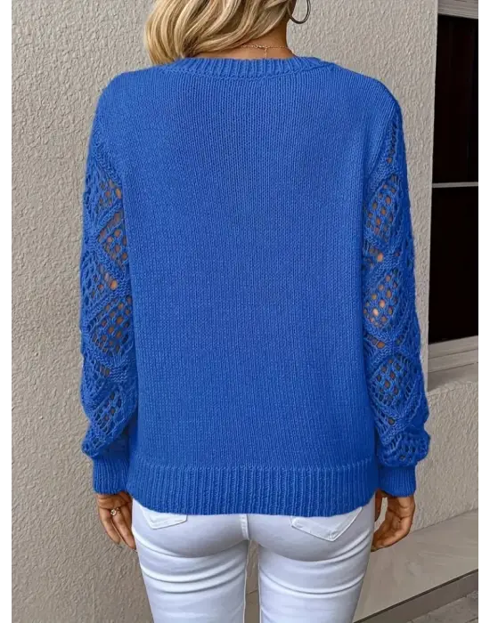 Kadın Uzun Kollu V Yaka Kol Delikli Baklava Desen Detaylı Triko Kazak