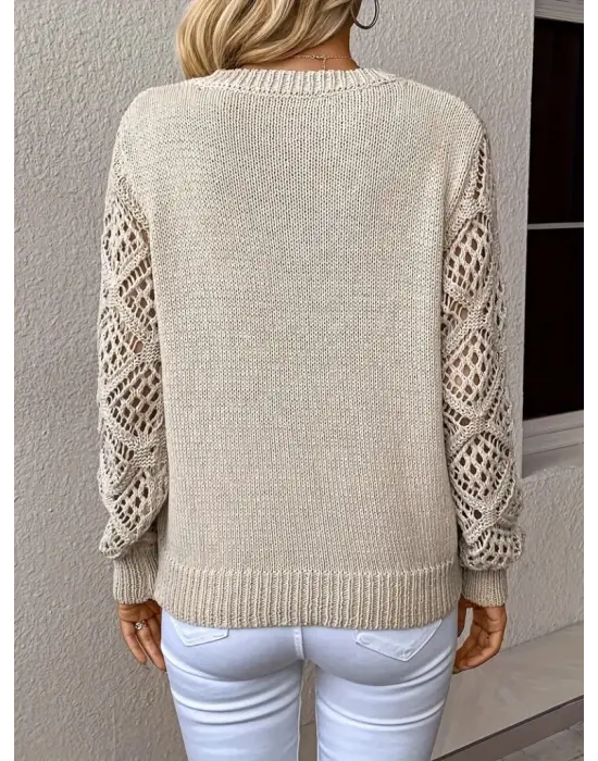 Kadın Uzun Kollu V Yaka Kol Delikli Baklava Desen Detaylı Triko Kazak