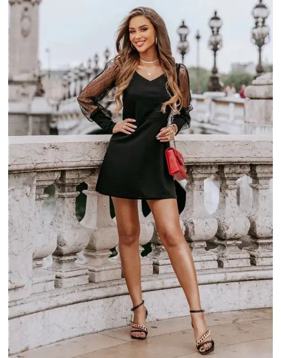 Kadın Uzun Kollu V Yaka Kollar Tül Detay Krep Elbise