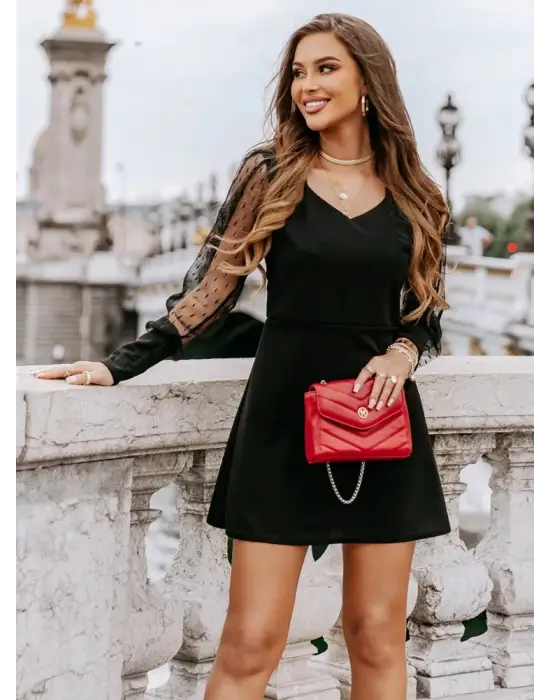 Kadın V Yaka Tül Detaylı Uzun Kollu Elbise