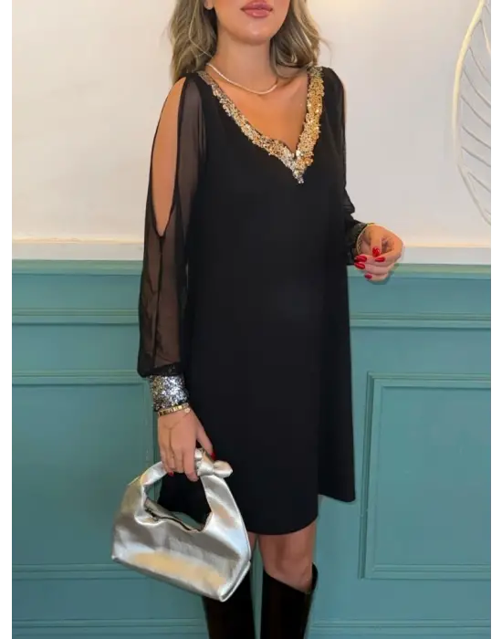 Kadın Uzun Kollu V Yaka Kollar Tül Yırtmaç Detay Kol Manşetleri Ve Yaka Payet Krep Elbise