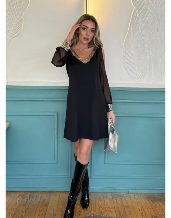 Kadın Uzun Kollu V Yaka Kollar Tül Yırtmaç Detay Kol Manşetleri Ve Yaka Payet Krep Elbise