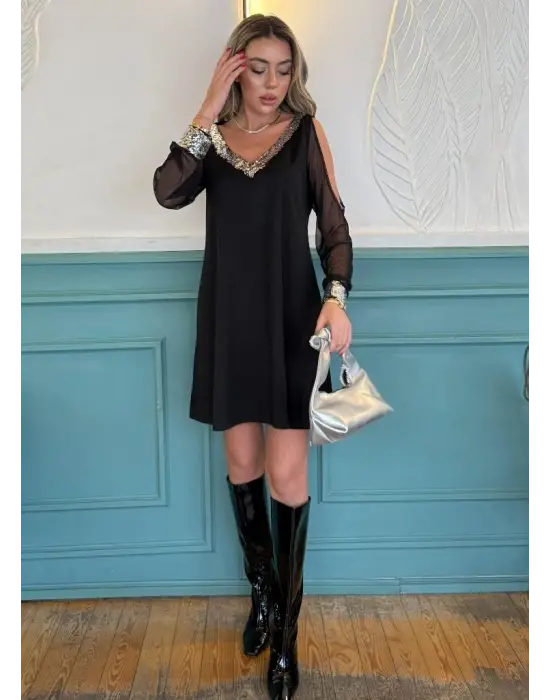 Kadın Uzun Kollu V Yaka Kollar Tül Yırtmaç Detay Kol Manşetleri Ve Yaka Payet Krep Elbise