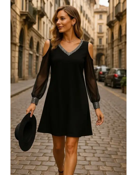 Kadın Uzun Kollu V Yaka Kollar Tül Yırtmaç Detay Kol Manşetleri Ve Yaka Payet Krep Elbise