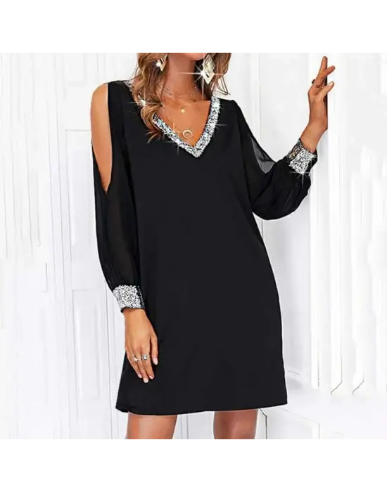 Kadın Uzun Kollu V Yaka Kollar Tül Yırtmaç Detay Kol Manşetleri Ve Yaka Payet Krep Elbise