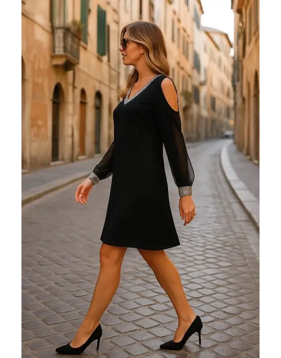 Kadın Uzun Kollu V Yaka Kollar Tül Yırtmaç Detay Kol Manşetleri Ve Yaka Payet Krep Elbise