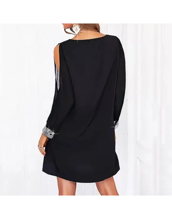 Kadın Uzun Kollu V Yaka Kollar Tül Yırtmaç Detay Kol Manşetleri Ve Yaka Payet Krep Elbise