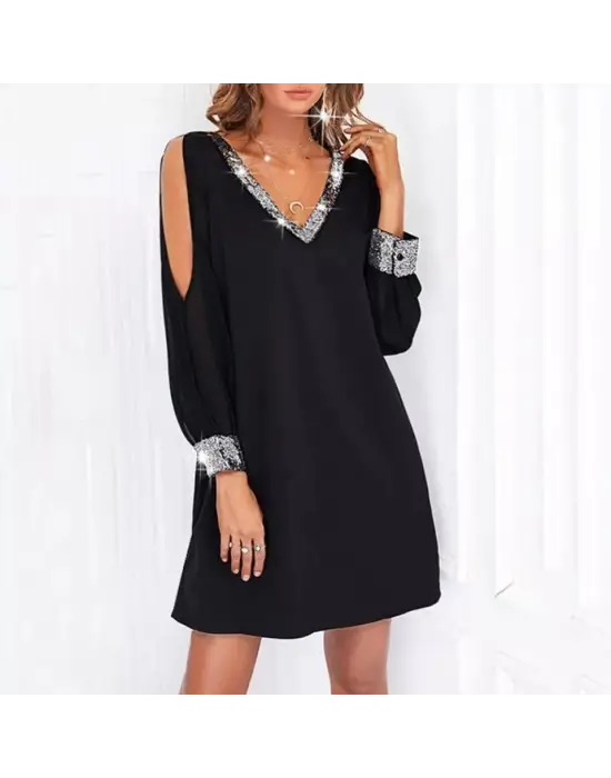 Kadın Uzun Kollu V Yaka Kollar Tül Yırtmaç Detay Kol Manşetleri Ve Yaka Payet Krep Elbise