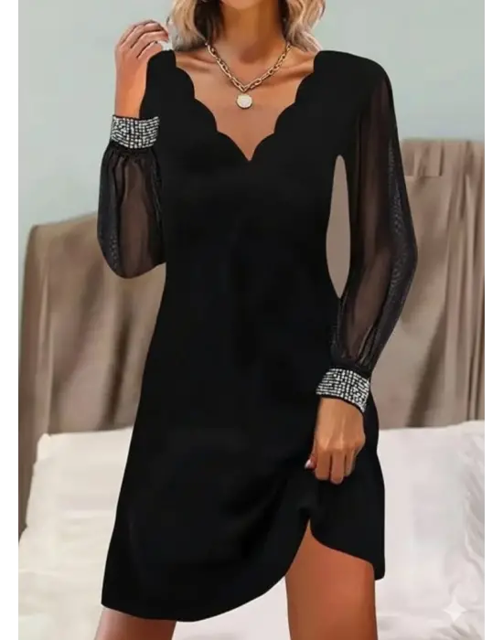 Kadın Uzun Kollu V Yaka Lazer Kesimli Tül Detaylı Mini Ithal Krep Elbise