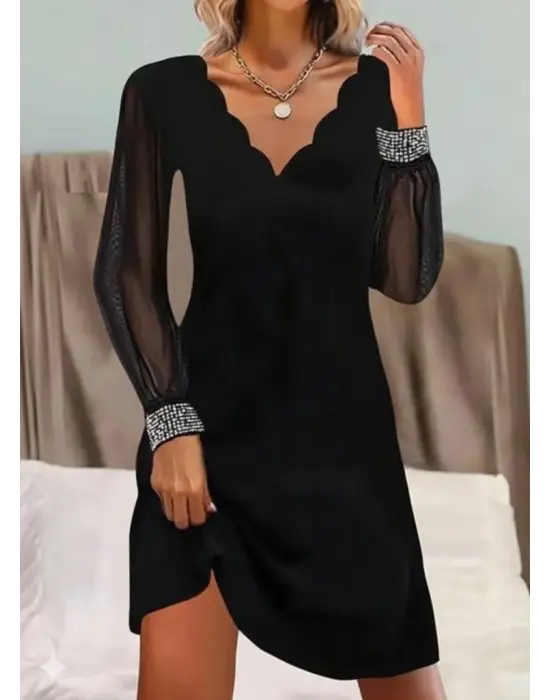 Kadın Uzun Kollu V Yaka Lazer Kesimli Tül Detaylı Mini Ithal Krep Elbise