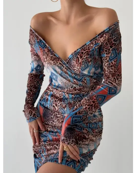 Kadın Uzun Kollu V Yaka Leopar Etnik Desen Fırsat ürün Mini Kruvaze Elbise