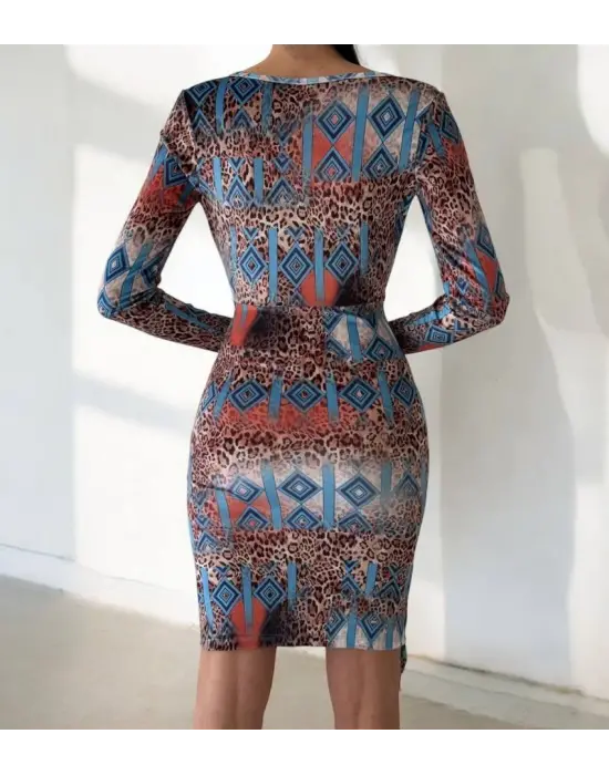 Kadın Uzun Kollu V Yaka Leopar Etnik Desen Fırsat ürün Mini Kruvaze Elbise