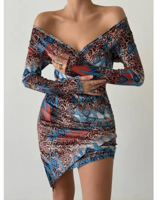 Kadın Uzun Kollu V Yaka Leopar Etnik Desen Fırsat ürün Mini Kruvaze Elbise