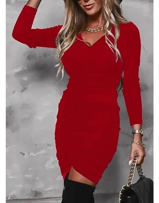 Kadın Uzun Kollu V Yaka önden Yırtmaç Büzgü Detay Kaşkorse Mini Boy Elbise