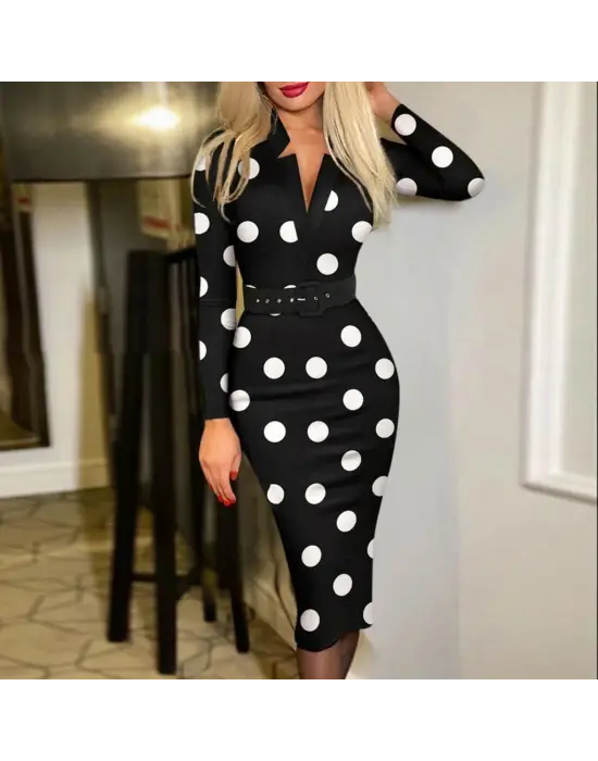 Kadın Uzun Kollu V Yaka Puantiyeli Krep Midi Boy Elbise