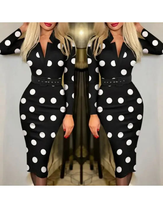 Kadın Uzun Kollu V Yaka Puantiyeli Krep Midi Boy Elbise