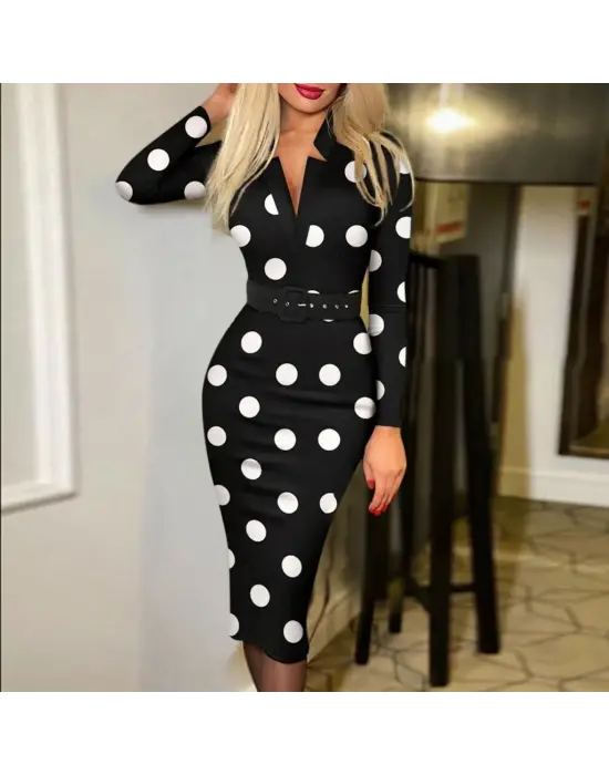 Kadın Uzun Kollu V Yaka Puantiyeli Krep Midi Boy Elbise