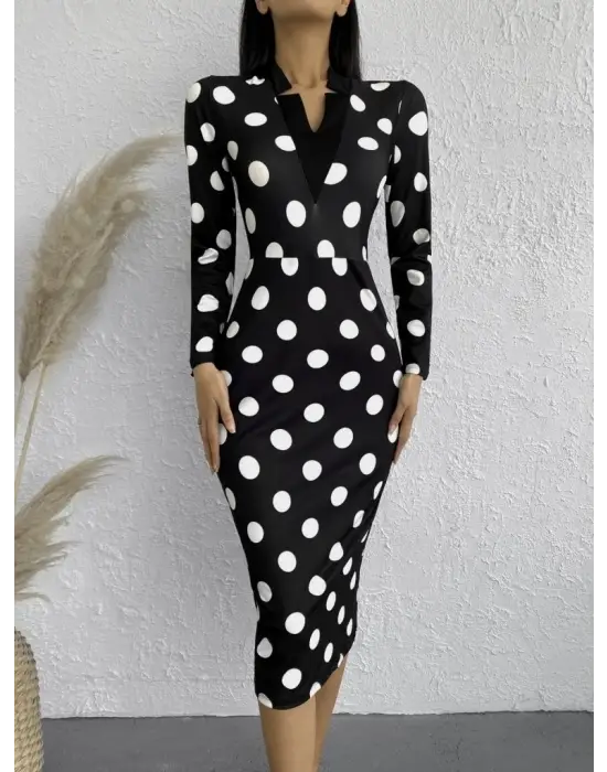 Kadın Uzun Kollu V Yaka Puantiyeli Krep Midi Boy Elbise