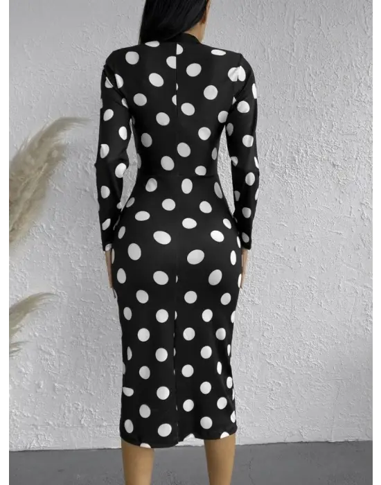 Kadın Uzun Kollu V Yaka Puantiyeli Krep Midi Boy Elbise