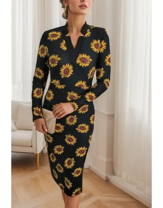 Omarı Puantiyeli V Yaka Uzun Kollu Elbise