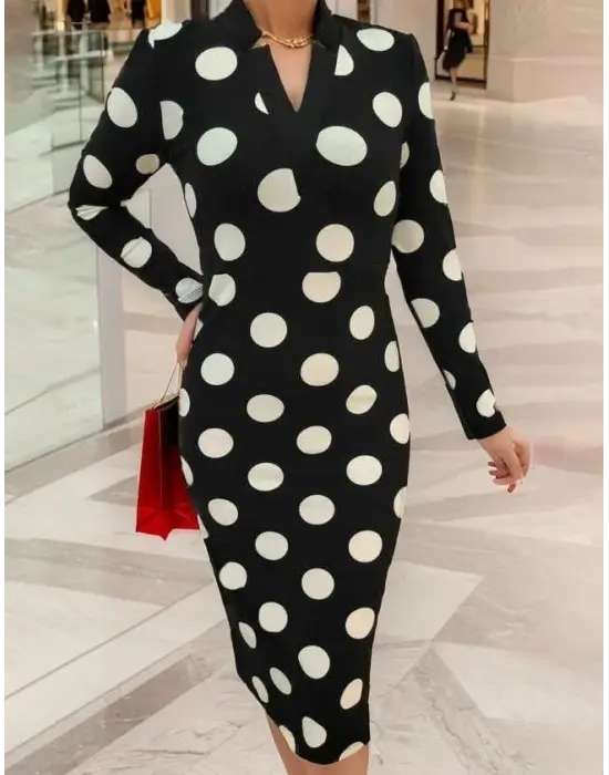 Kadın Uzun Kollu V Yaka Puantiyeli Krep Midi Boy Elbise