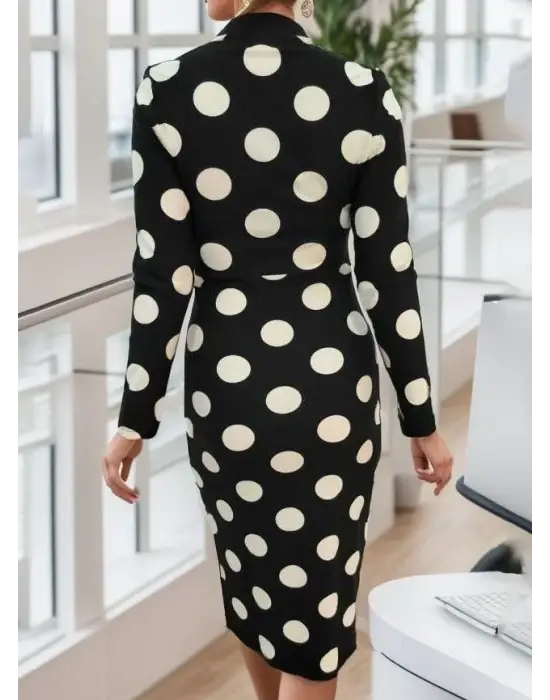 Kadın Uzun Kollu V Yaka Puantiyeli Krep Midi Boy Elbise