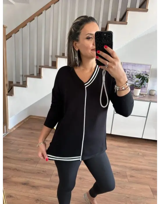 Kadın Uzun Kollu V Yaka Ribana Detay Kristal Kumaş Bluz