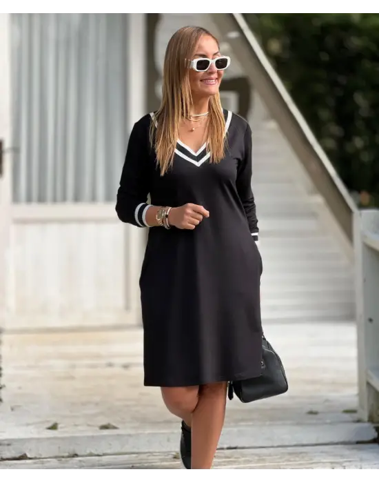 Kadın Uzun Kollu V Yaka şeritli Iki Iplik Salaş Elbise