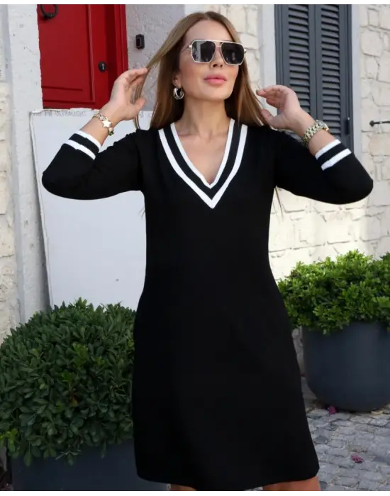 Kadın Uzun Kollu V Yaka şeritli Iki Iplik Salaş Elbise