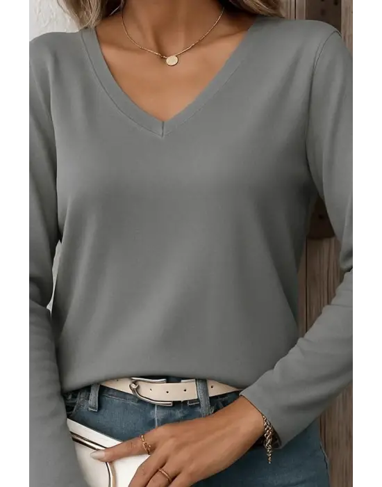 Kadın Uzun Kollu V Yaka Triko Bluz