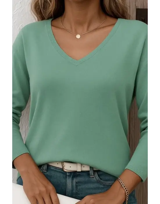 Kadın Uzun Kollu V Yaka Triko Bluz