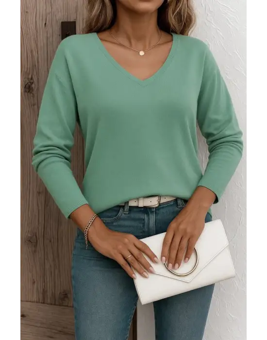 Kadın Uzun Kollu V Yaka Triko Bluz