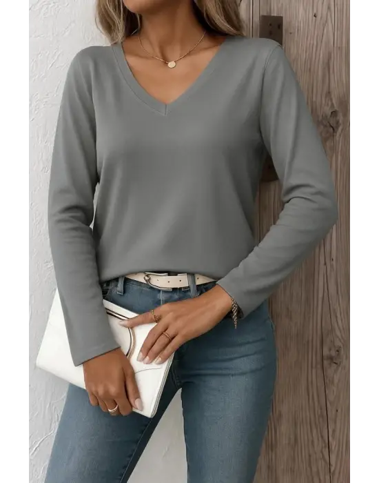 Kadın Uzun Kollu V Yaka Triko Bluz