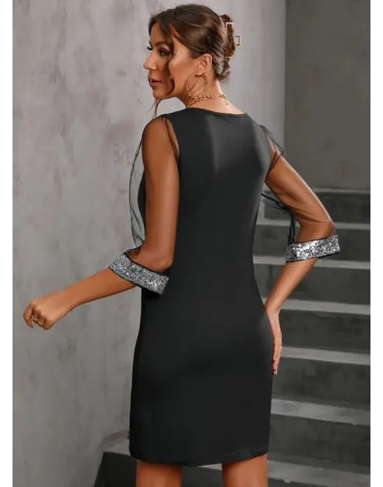 Kadın Uzun Kollu V Yaka Ve Kol Ucu Pul Payet Krep Elbise