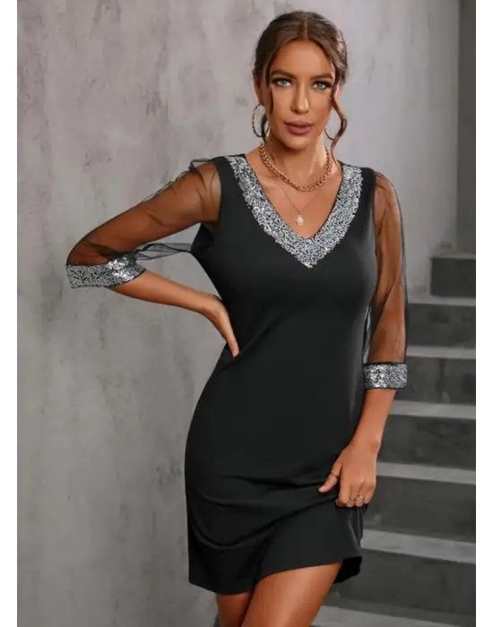 Kadın Uzun Kollu V Yaka Ve Kol Ucu Pul Payet Krep Elbise